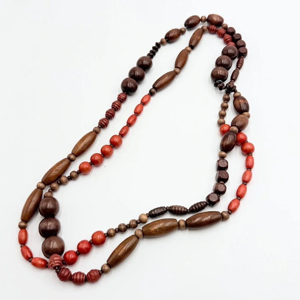 Vintage Wooden Beaded Necklace Brown Red Long Boho Statement Necklace - Picture 3 of 7